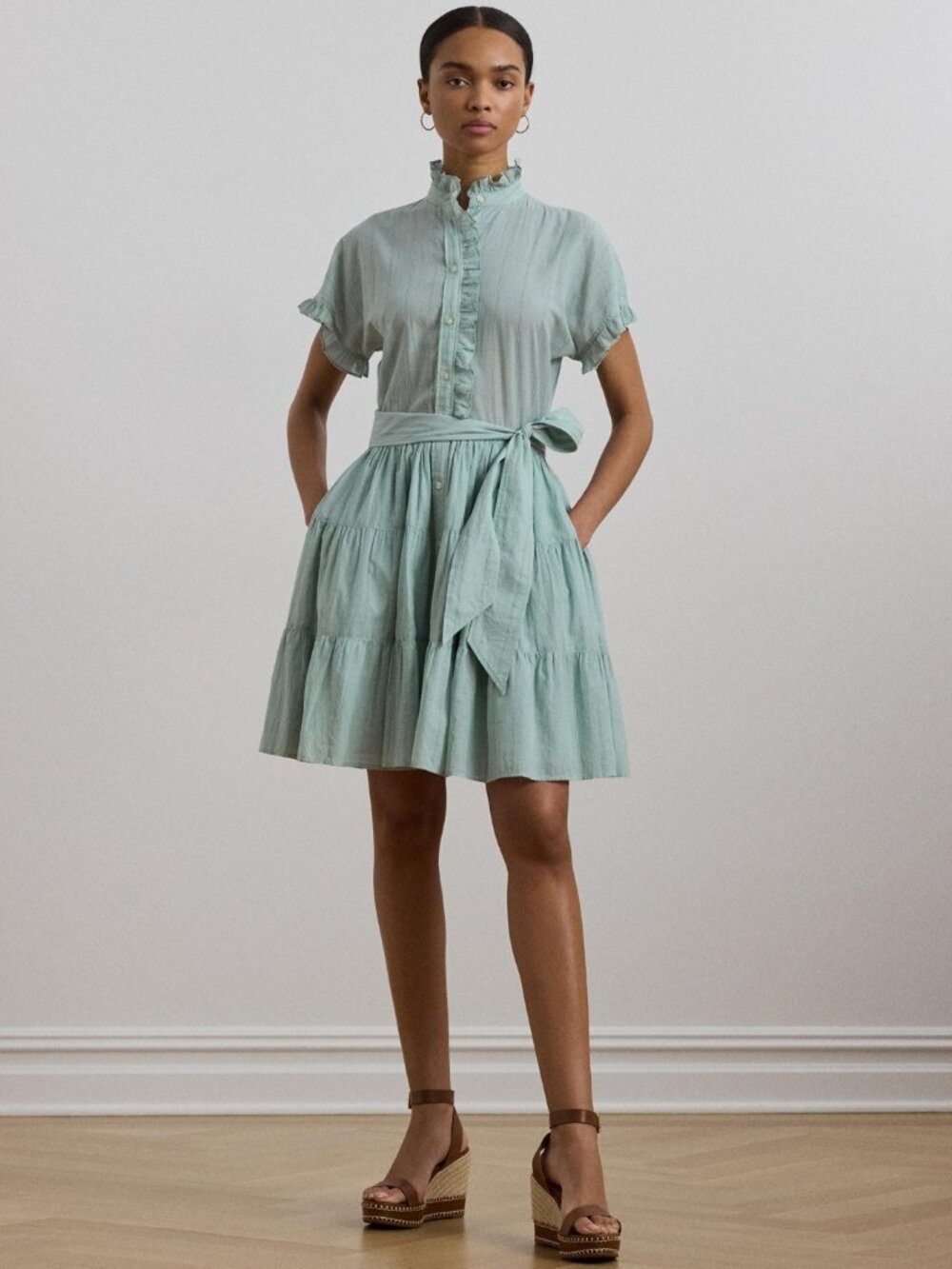 Lauren Ralph Lauren Women's Striped Ruffle-Trim Voile Shirtdress Size 16